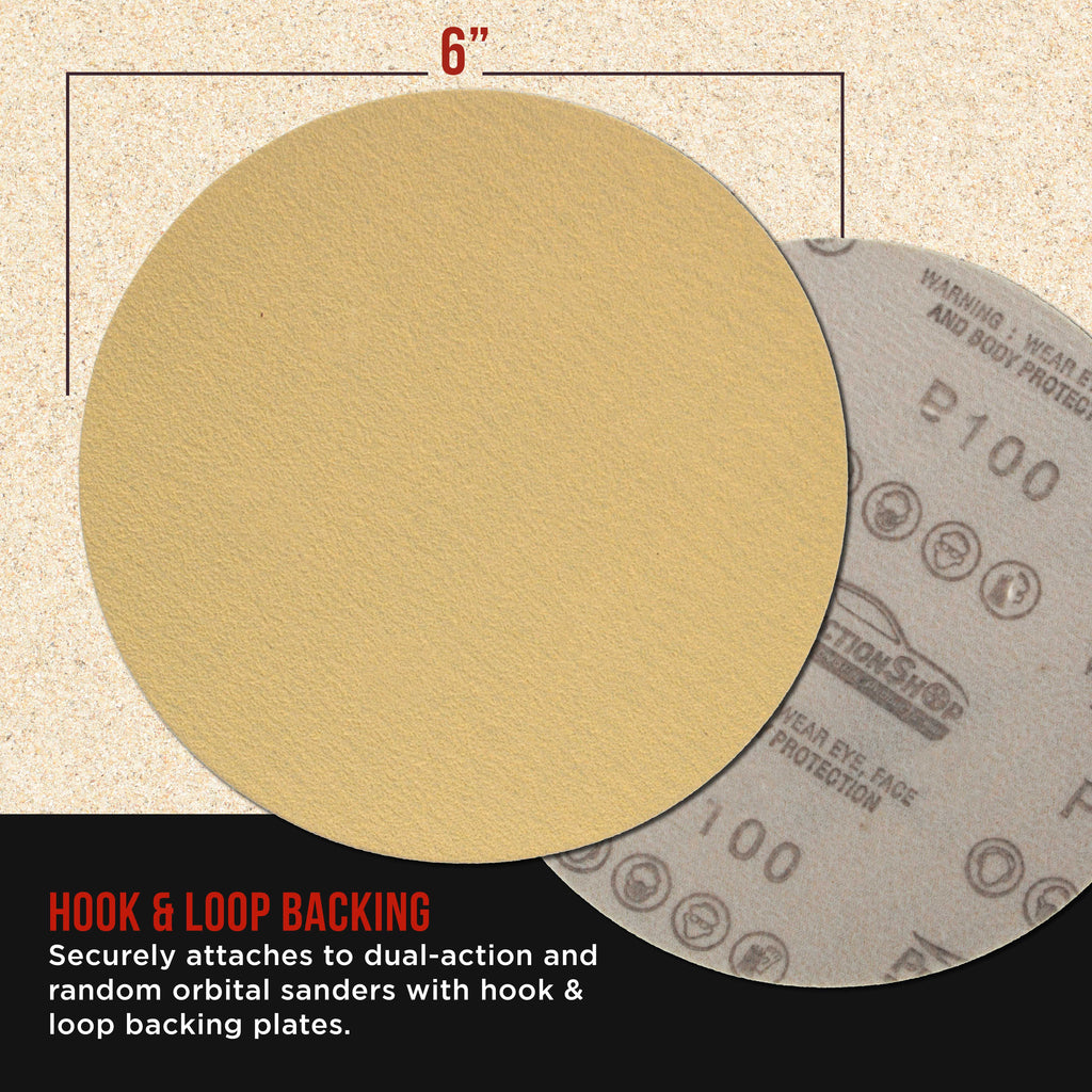 Premium 100 Grit 6" Gold Sanding Discs, Box of 100 - Hook & Loop Backing Abrasive Sandpaper for DA & Random Orbital Sanders