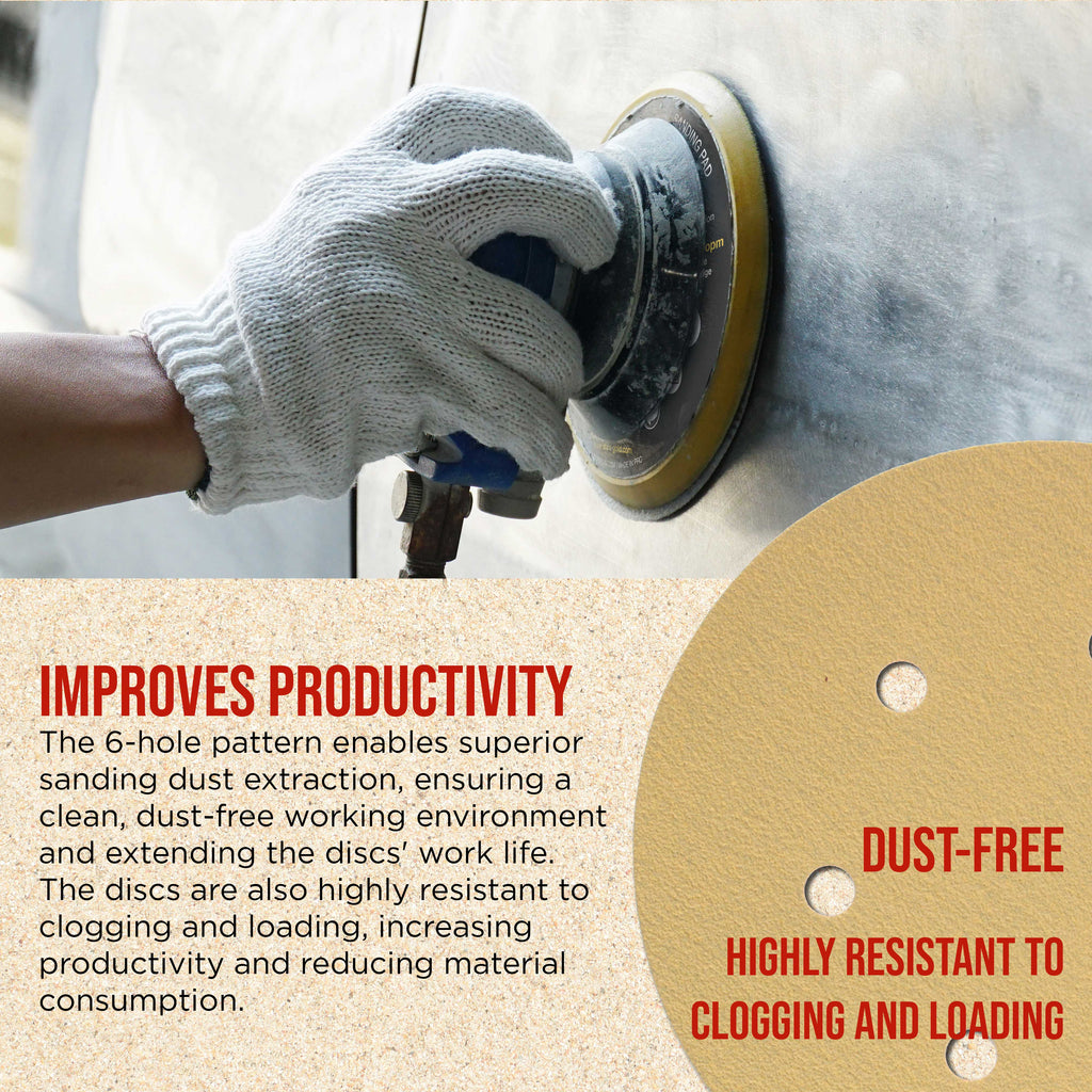 Premium 150 Grit 6" Gold Sanding Discs, 6-Hole Pattern, Box of 100 - Dustless Hook & Loop Backing Sandpaper for DA & Random Orbital Sanders
