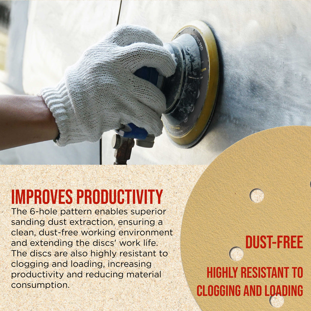 Premium 150 Grit 6" Gold Sanding Discs, 6-Hole Pattern, Box of 100 - Dustless Hook & Loop Backing Sandpaper for DA & Random Orbital Sanders
