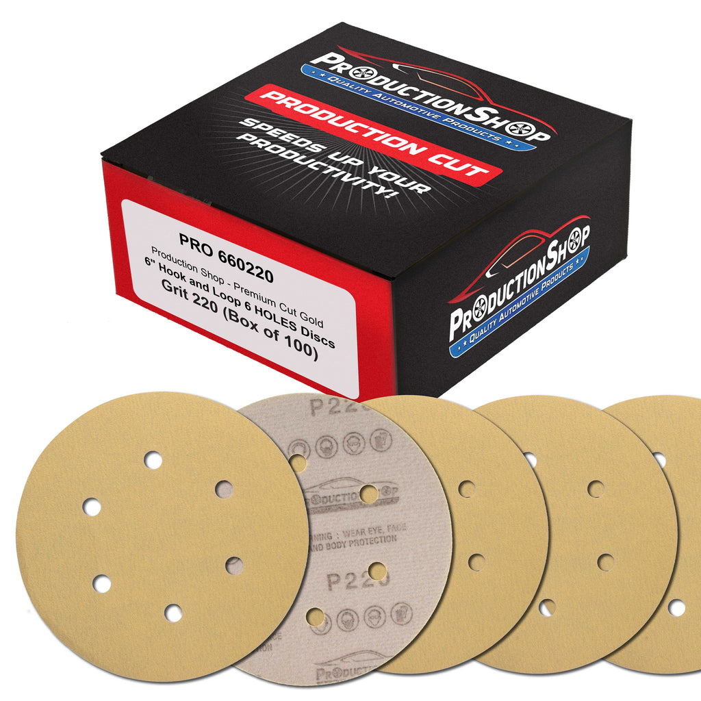 Premium 220 Grit 6" Gold Sanding Discs, 6-Hole Pattern, Box of 100 - Dustless Hook & Loop Backing Sandpaper for DA & Random Orbital Sanders