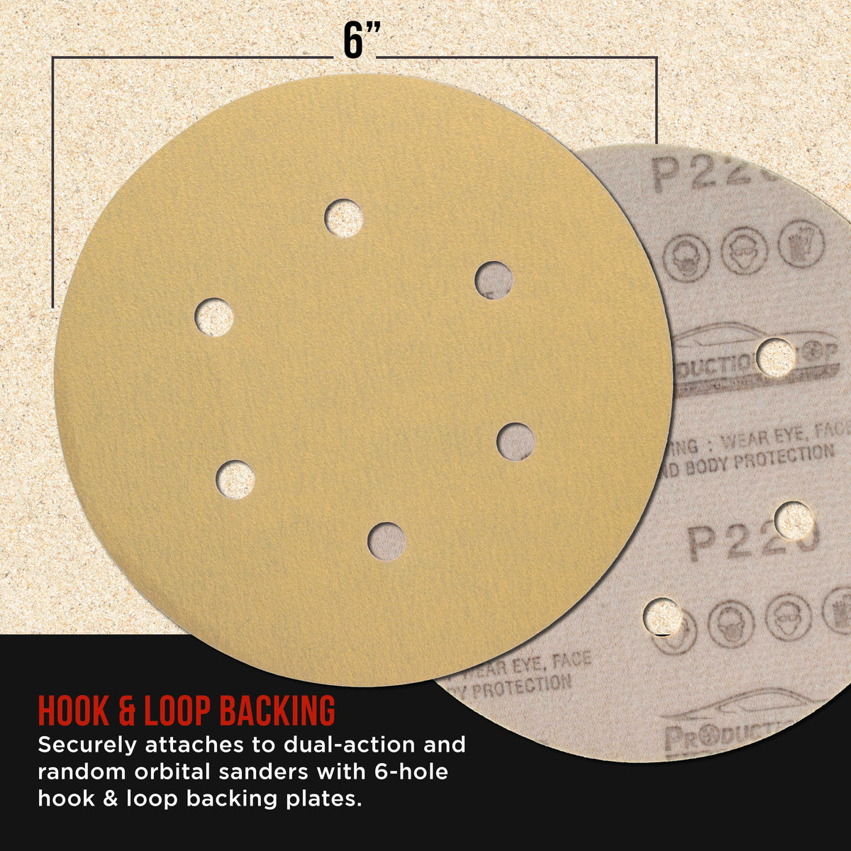Premium 220 Grit 6" Gold Sanding Discs, 6-Hole Pattern, Box of 100 - Dustless Hook & Loop Backing Sandpaper for DA & Random Orbital Sanders