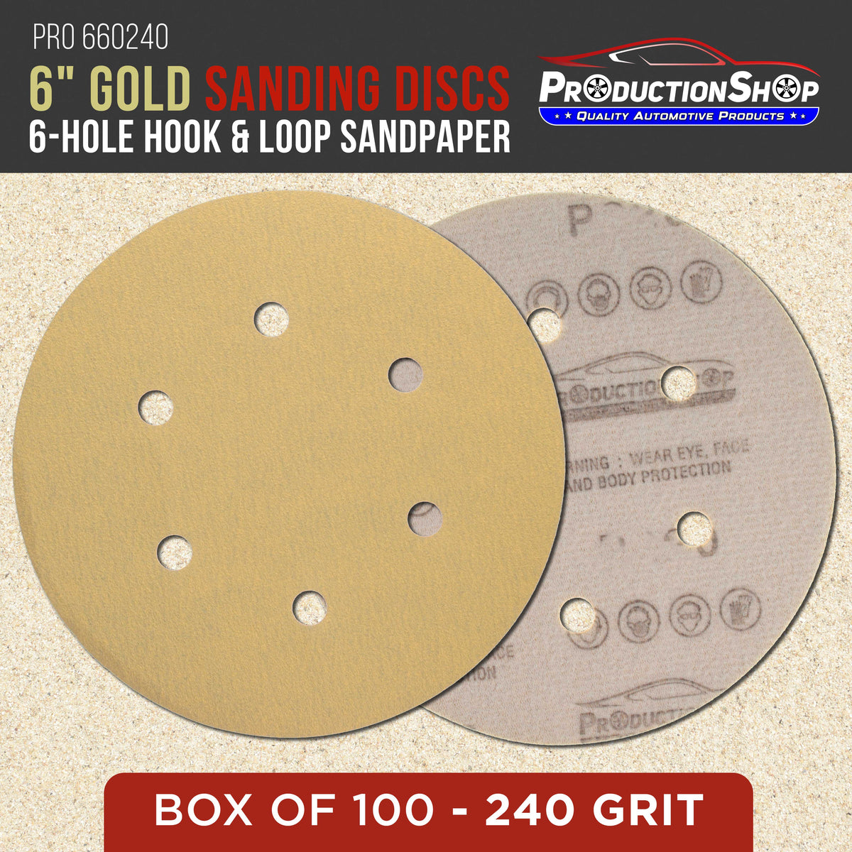Premium 240 Grit 6" Gold Sanding Discs, 6-Hole Pattern, Box of 100 - Dustless Hook & Loop Backing Sandpaper for DA & Random Orbital Sanders