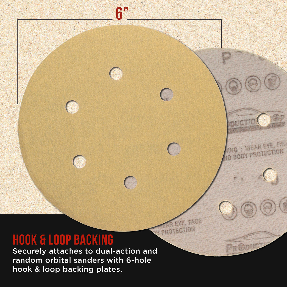 Premium 240 Grit 6" Gold Sanding Discs, 6-Hole Pattern, Box of 100 - Dustless Hook & Loop Backing Sandpaper for DA & Random Orbital Sanders