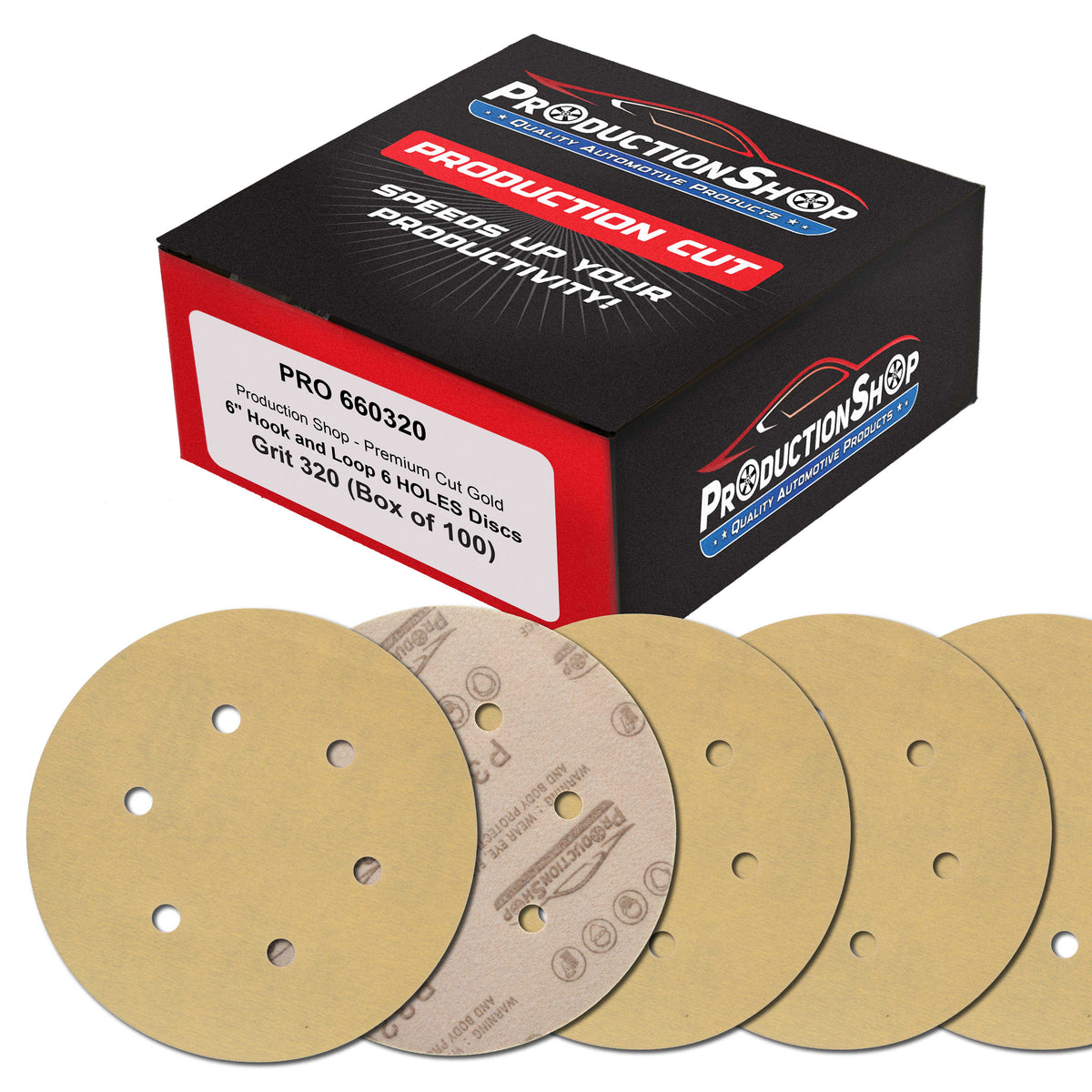 Premium 320 Grit 6" Gold Sanding Discs, 6-Hole Pattern, Box of 100 - Dustless Hook & Loop Backing Sandpaper for DA & Random Orbital Sanders
