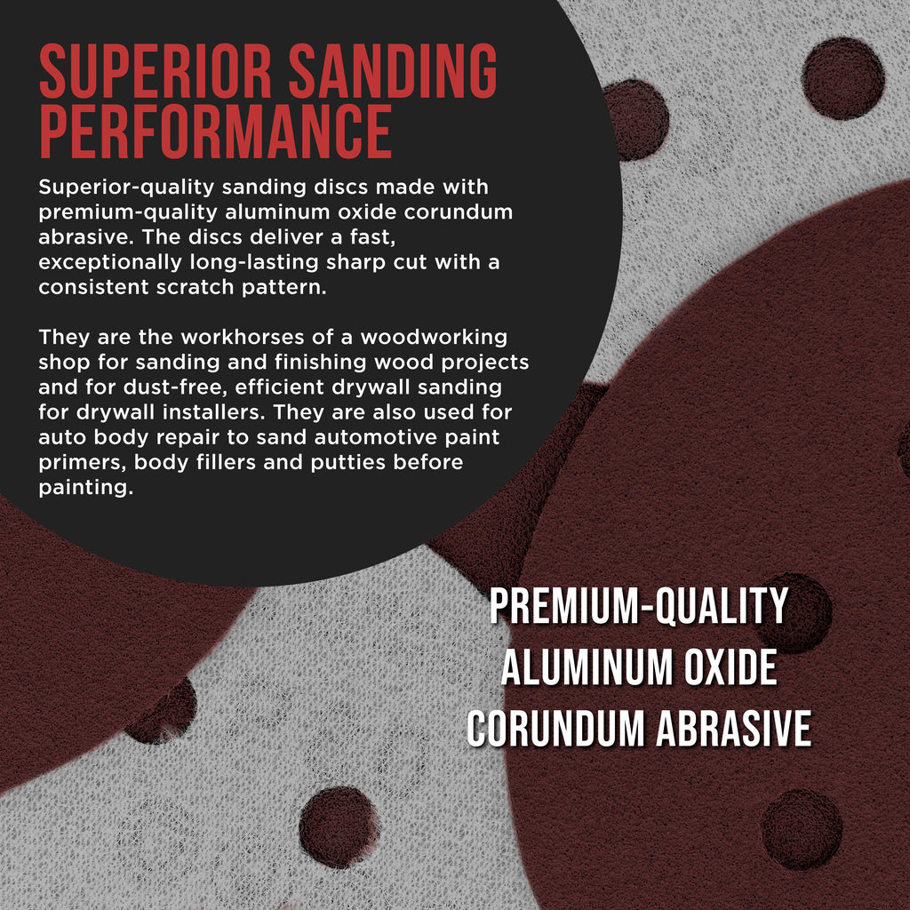 Premium 5" Red 8-Hole Pattern 100 Grit Sanding Discs, Box of 50 - Dustless Hook & Loop Backing Sandpaper for Random Orbital Sanders, Medium-Cut Abrasive