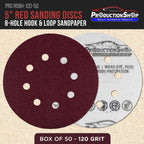 Premium 5" Red 8-Hole Pattern 120 Grit Sanding Discs, Box of 50 - Dustless Hook & Loop Backing Sandpaper for Random Orbital Sanders, Medium-Cut Abrasive