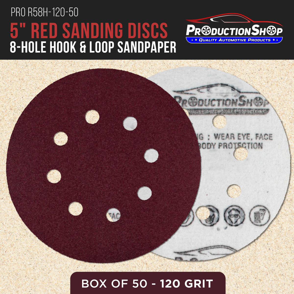 Premium 5" Red 8-Hole Pattern 120 Grit Sanding Discs, Box of 50 - Dustless Hook & Loop Backing Sandpaper for Random Orbital Sanders, Medium-Cut Abrasive