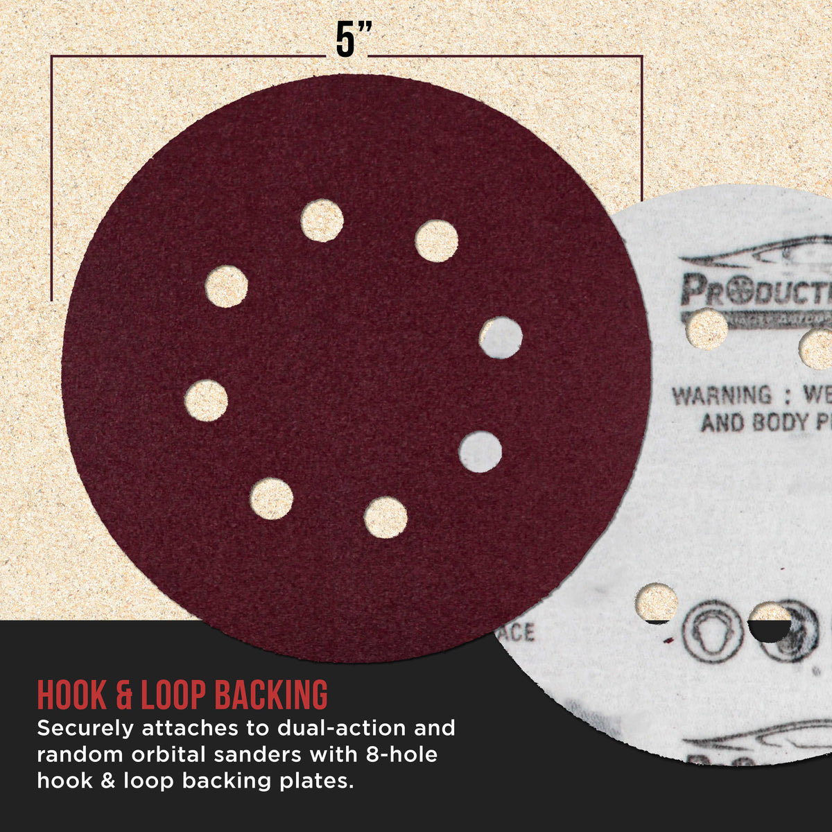 Premium 5" Red 8-Hole Pattern 150 Grit Sanding Discs, Box of 50 - Dustless Hook & Loop Backing Sandpaper for Random Orbital Sanders, Medium-Fine-Cut Abrasive