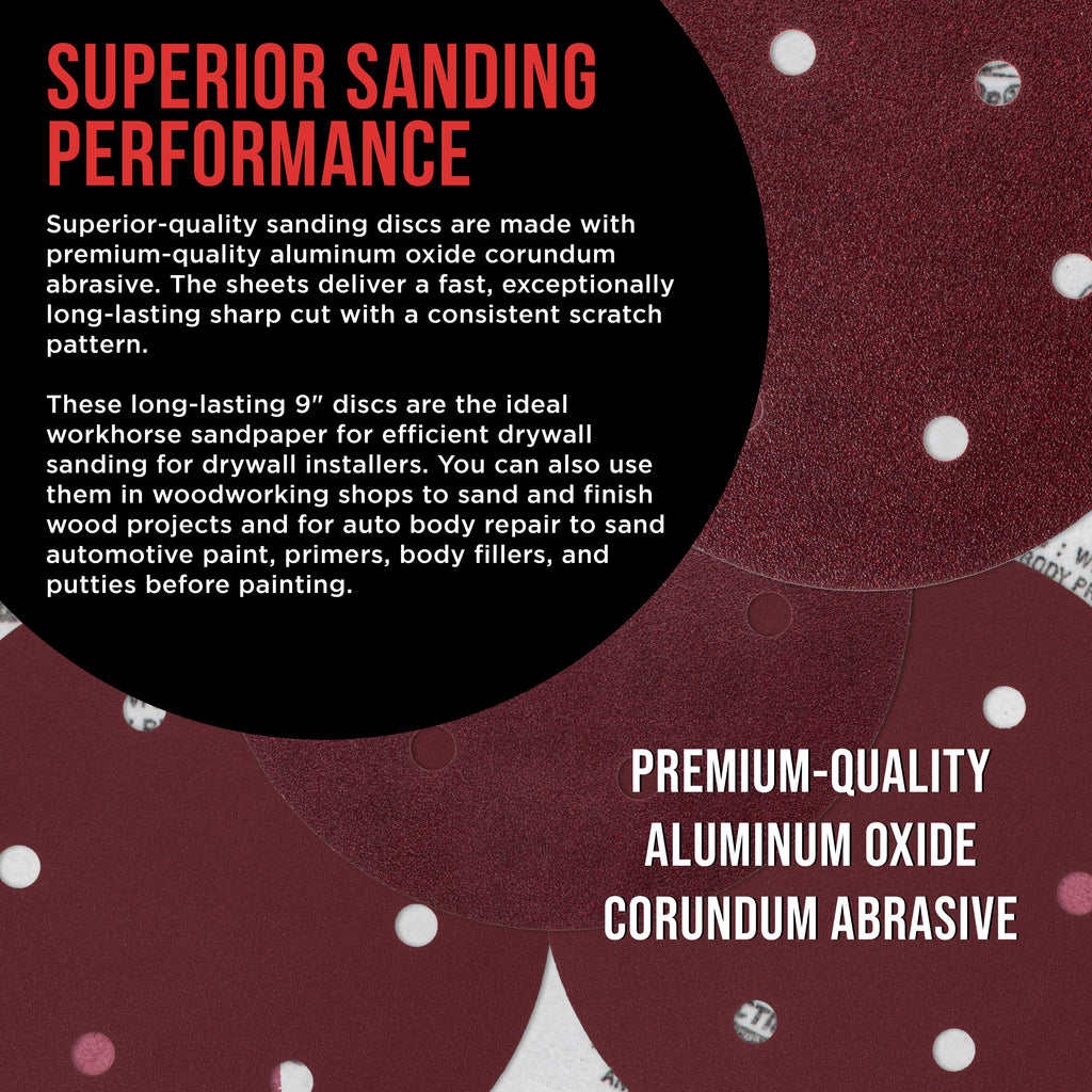 Premium 9" Red 6-Hole Pattern 150 Grit Sanding Discs, Box of 20 - Dustless Hook & Loop Backing Sandpaper for Drywall Power Sanders, Medium-Cut Abrasive