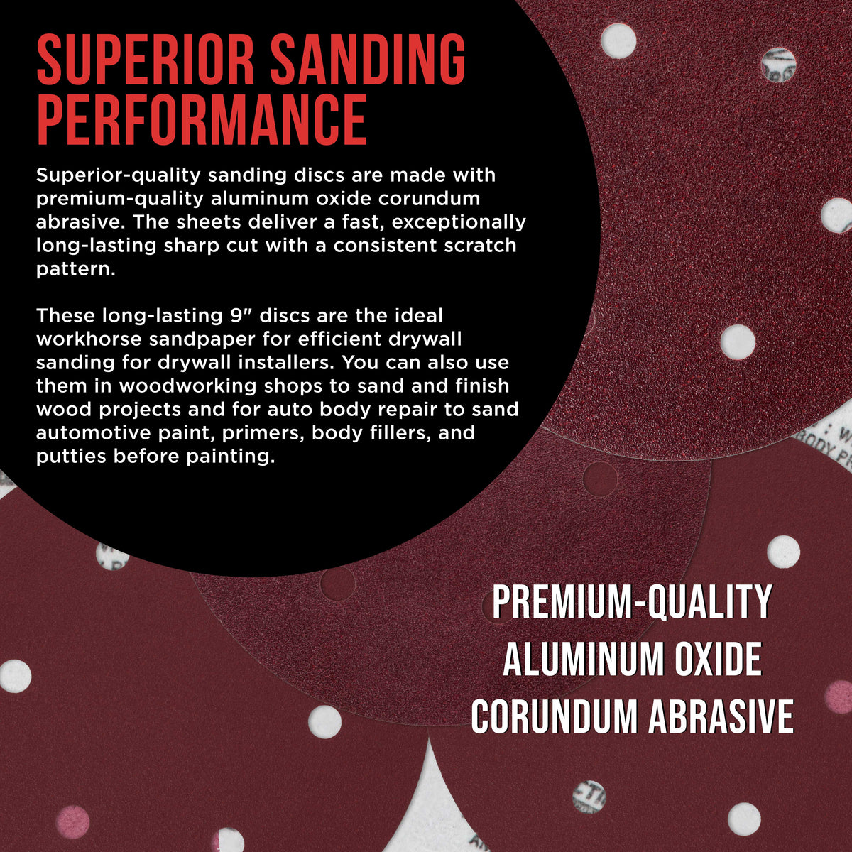 Premium 9" Red 6-Hole Pattern 60 Grit Sanding Discs, Box of 20 - Dustless Hook & Loop Backing Sandpaper for Drywall Power Sanders, Coarse-Cut Abrasive