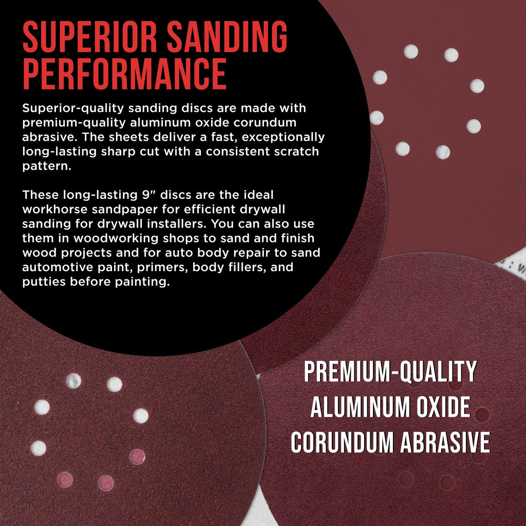 Premium 9" Red 8-Hole Pattern 120 Grit Sanding Discs, Box of 20 - Dustless Hook & Loop Backing Sandpaper for Drywall Power Sanders, Medium-Cut Abrasive