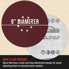 Premium 9" Red 8-Hole Pattern 150 Grit Sanding Discs, Box of 20 - Dustless Hook & Loop Backing Sandpaper for Drywall Power Sanders, Medium-Cut Abrasive