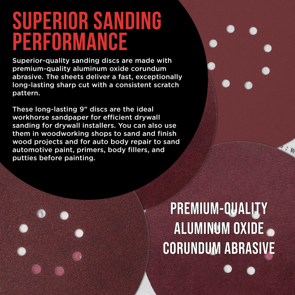 Premium 9" Red 8-Hole Pattern 180 Grit Sanding Discs, Box of 20 - Dustless Hook & Loop Backing Sandpaper for Drywall Power Sanders, Medium-Cut Abrasive