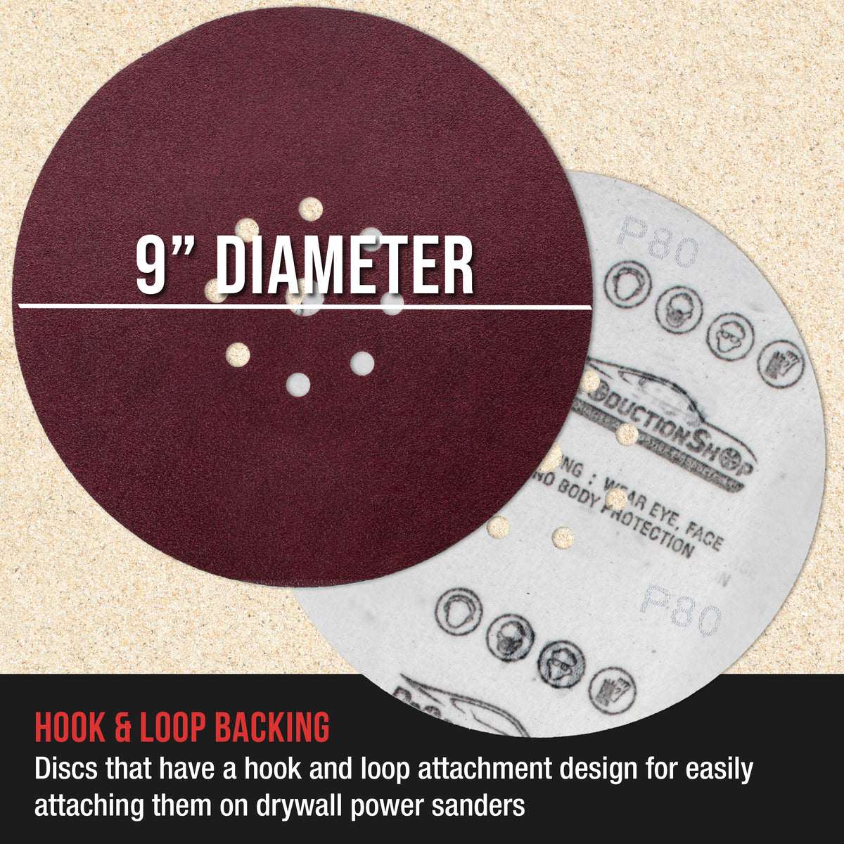 Premium 9" Red 9-Hole Pattern 80 Grit Sanding Discs, Box of 20 - Dustless Hook & Loop Backing Sandpaper for Drywall Power Sanders, Coarse-Cut Abrasive