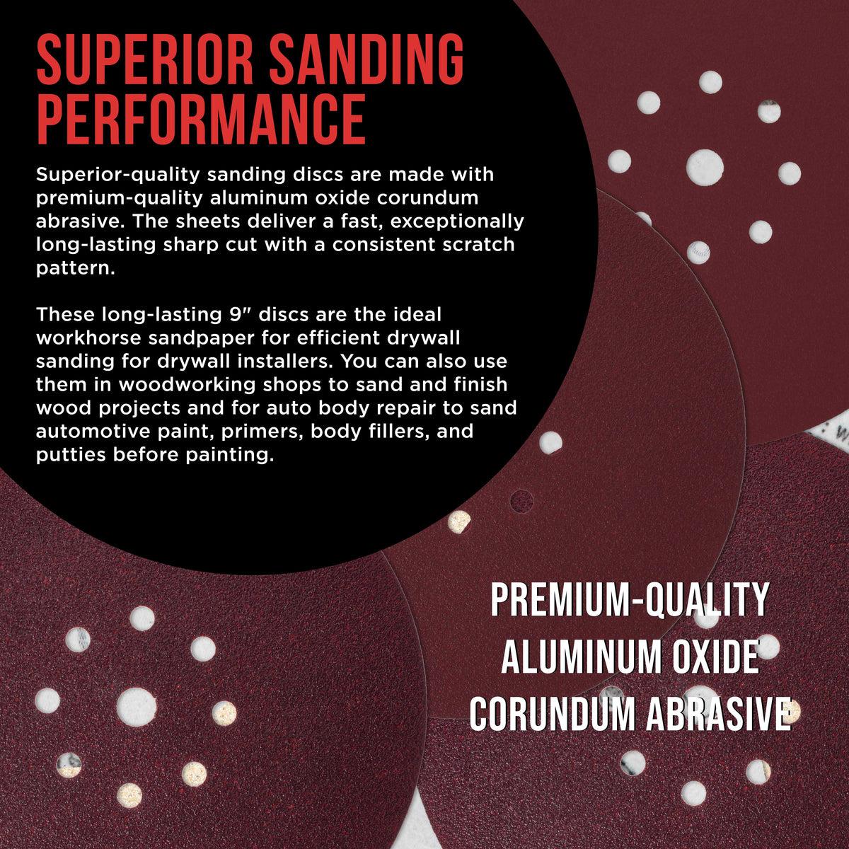 Premium 9" Red 9-Hole Pattern 80 Grit Sanding Discs, Box of 20 - Dustless Hook & Loop Backing Sandpaper for Drywall Power Sanders, Coarse-Cut Abrasive