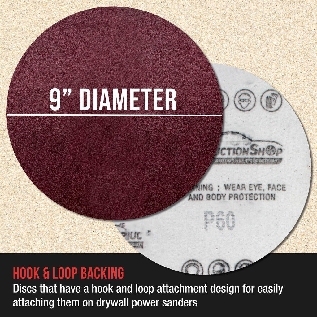 Premium 9" Red Hook & Loop Sanding Discs, 30 Disc Variety Pack, Grits 60, 80, 120, 150, 180, 220 - Sandpaper for Drywall Power Sander