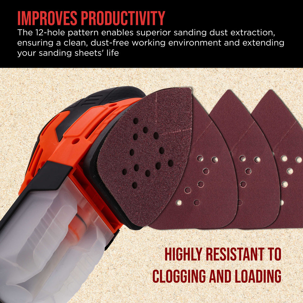 Premium 150 Grit 12-Hole Pattern Mouse Detail Sander Sandpaper Sheets, Box of 45 - Dustless Hook & Loop Triangle Shaped Mouse Disc Pads