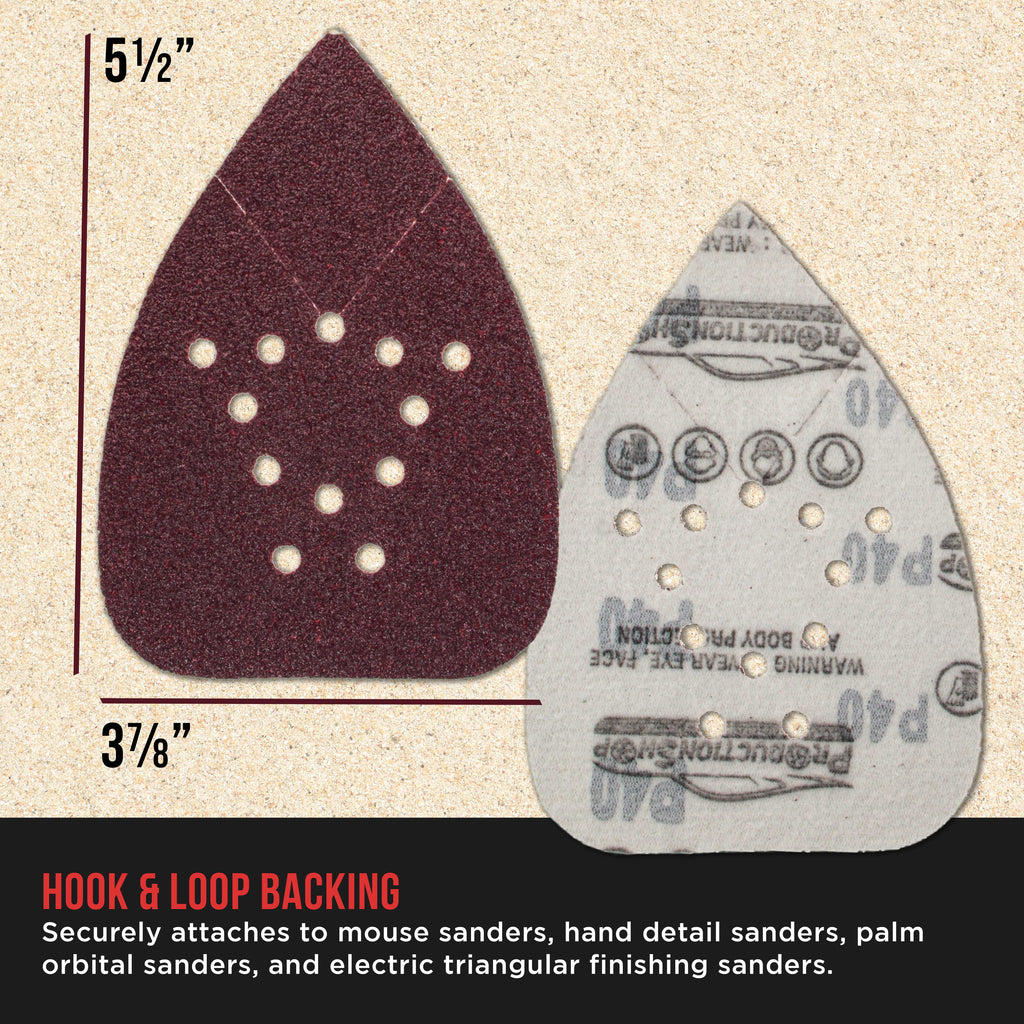 Premium 40 Grit 12-Hole Pattern Mouse Detail Sander Sandpaper Sheets, Box of 30 - Dustless Hook & Loop Triangle Shaped Mouse Disc Pads
