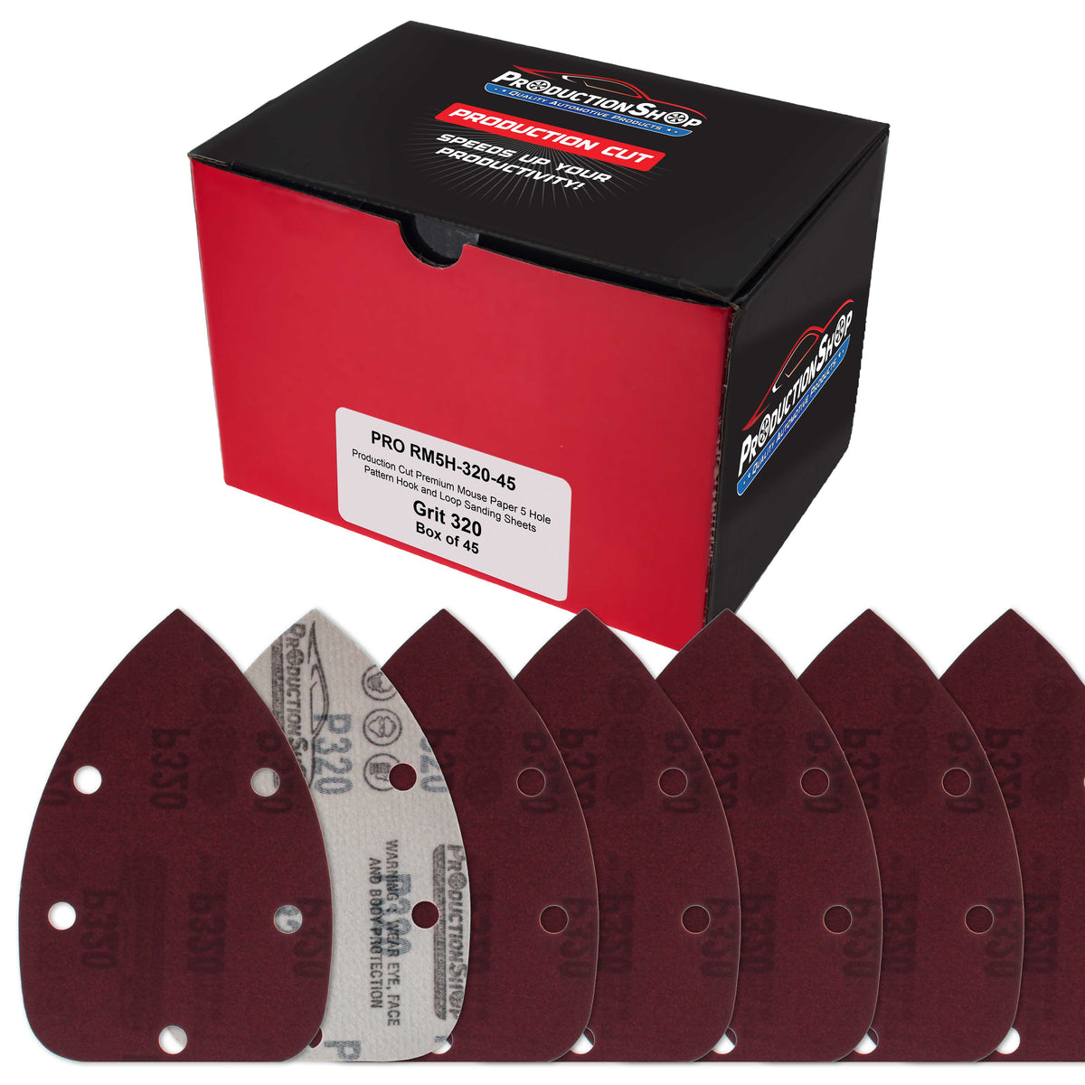 Premium 320 Grit 5-Hole Pattern Mouse Detail Sander Sandpaper Sheets, Box of 45 - Dustless Hook & Loop Triangle Shaped Mouse Disc Pads