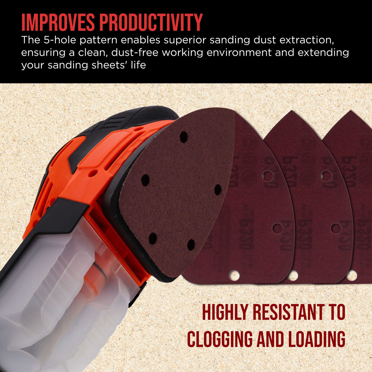 Premium 320 Grit 5-Hole Pattern Mouse Detail Sander Sandpaper Sheets, Box of 45 - Dustless Hook & Loop Triangle Shaped Mouse Disc Pads