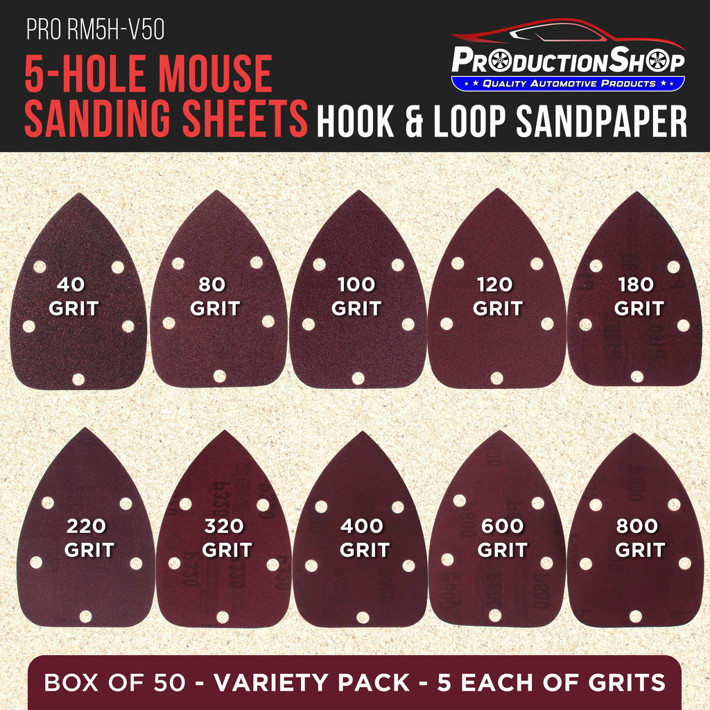 Premium 5-Hole Pattern Mouse Detail Sander Sandpaper Sheets, 50 Disc Variety Pack, Grits 40, 80, 100, 120, 180, 220, 320, 400, 600, 800 - Hook & Loop Disc Pads