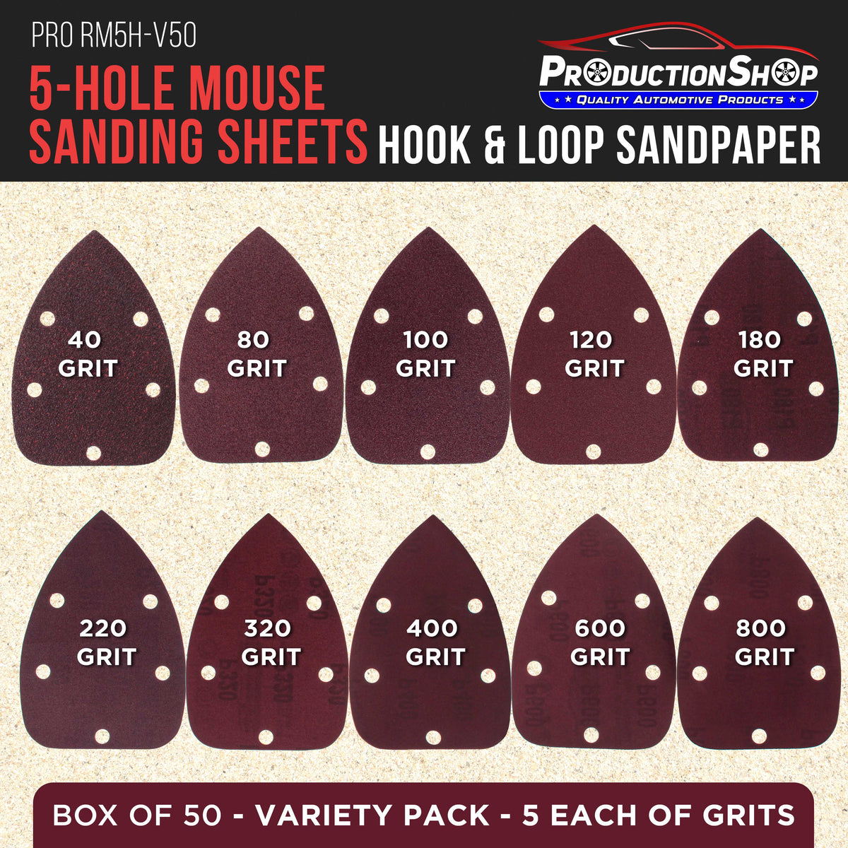 Premium 5-Hole Pattern Mouse Detail Sander Sandpaper Sheets, 50 Disc Variety Pack, Grits 40, 80, 100, 120, 180, 220, 320, 400, 600, 800 - Hook & Loop Disc Pads