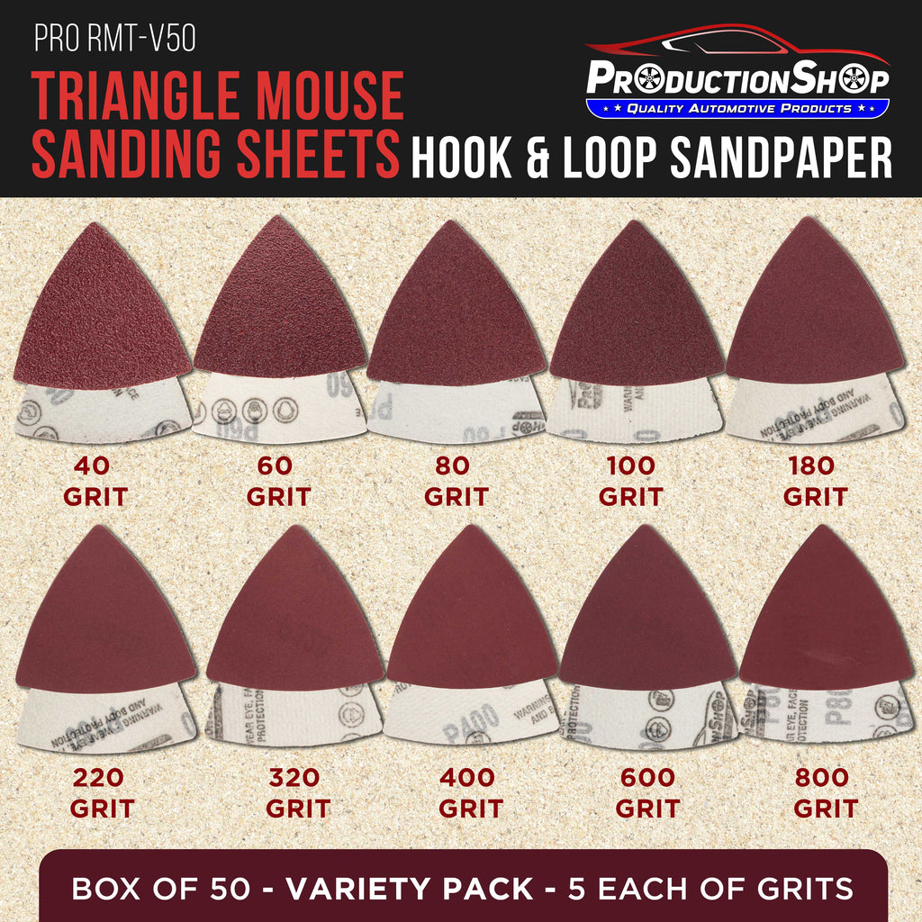 Premium Triangle Mouse Detail Sander Sandpaper Sheets, 50 Disc Variety Pack, Grits 40, 80, 100, 120, 180, 220, 320, 400, 600, 800 - Hook & Loop Disc Pads