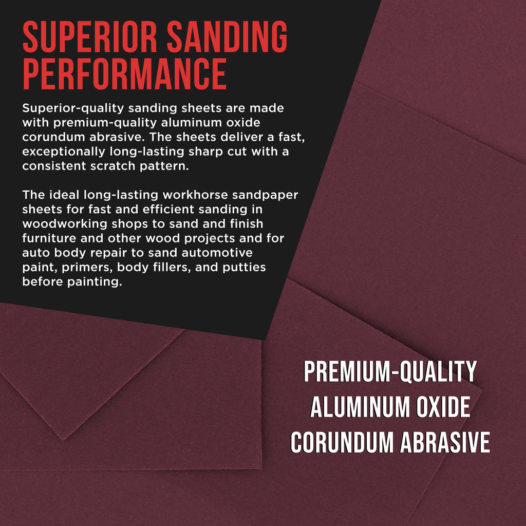 Premium Red 600 Grit 1/4 Sheet Size Red Sanding Sheets, Box of 30 - Hook & Loop Backing Sandpaper, Fine-Cut Abrasive - Fits Palm Sanders, Hand Sanding Blocks