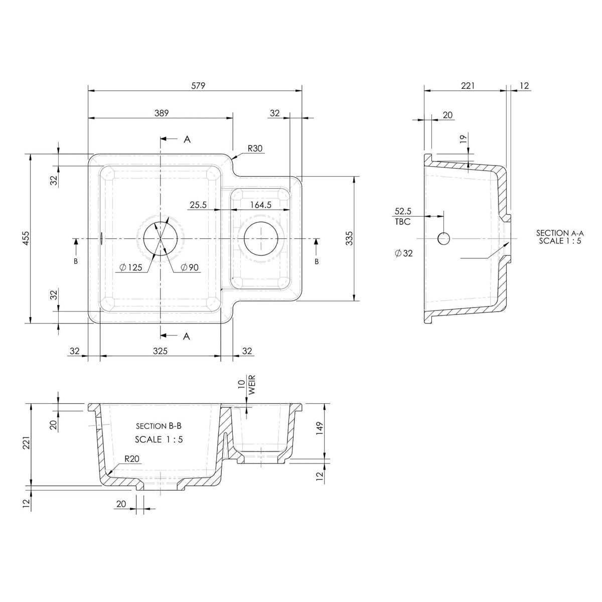 Inspire 579mm 1.25 Bowl Rectangular Inset Sink - White