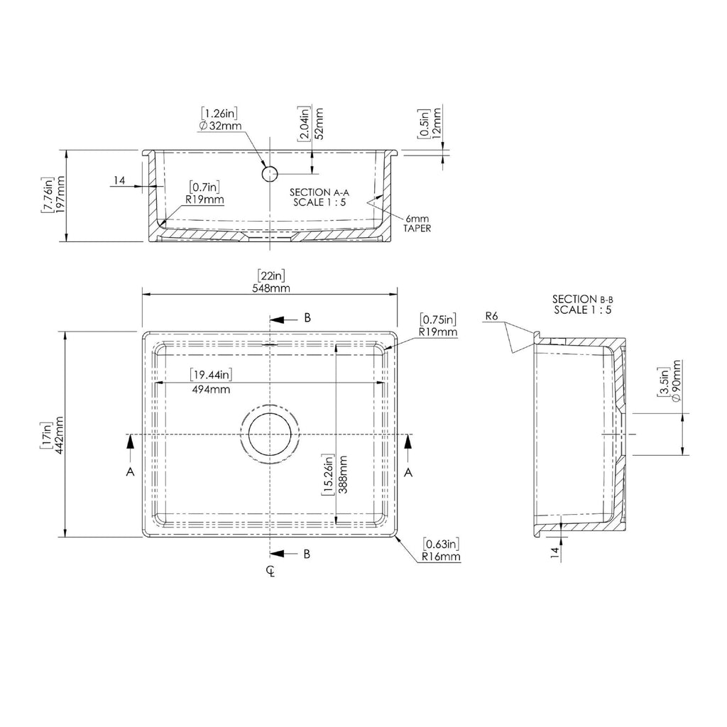 Inspire 548mm Single Bowl Rectangular Inset Sink With Central Waste And Overflow