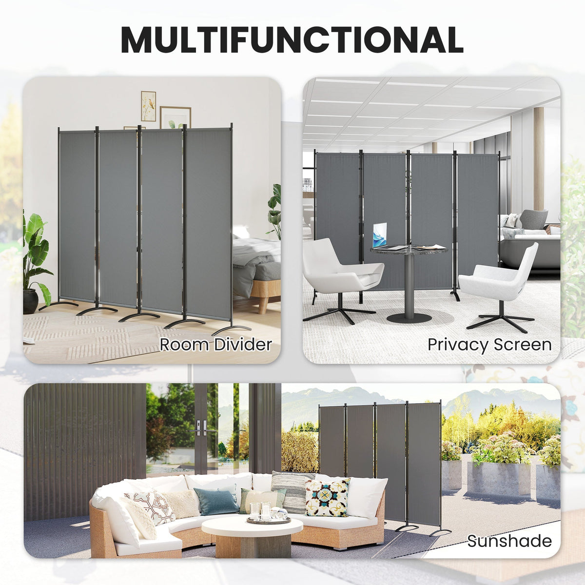 4 Panel Folding Room Divider with Wide Feet, Dark Grey