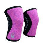 Pair of pink and black knee sleeves with 'Bear Komplex' branding on a white background