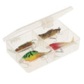 Clear plastic storage box with four compartments, open lid, containing various fishing lures, identified as Plano 3400 - 3500 Stowaway Boxes for organizing fishing tackle.