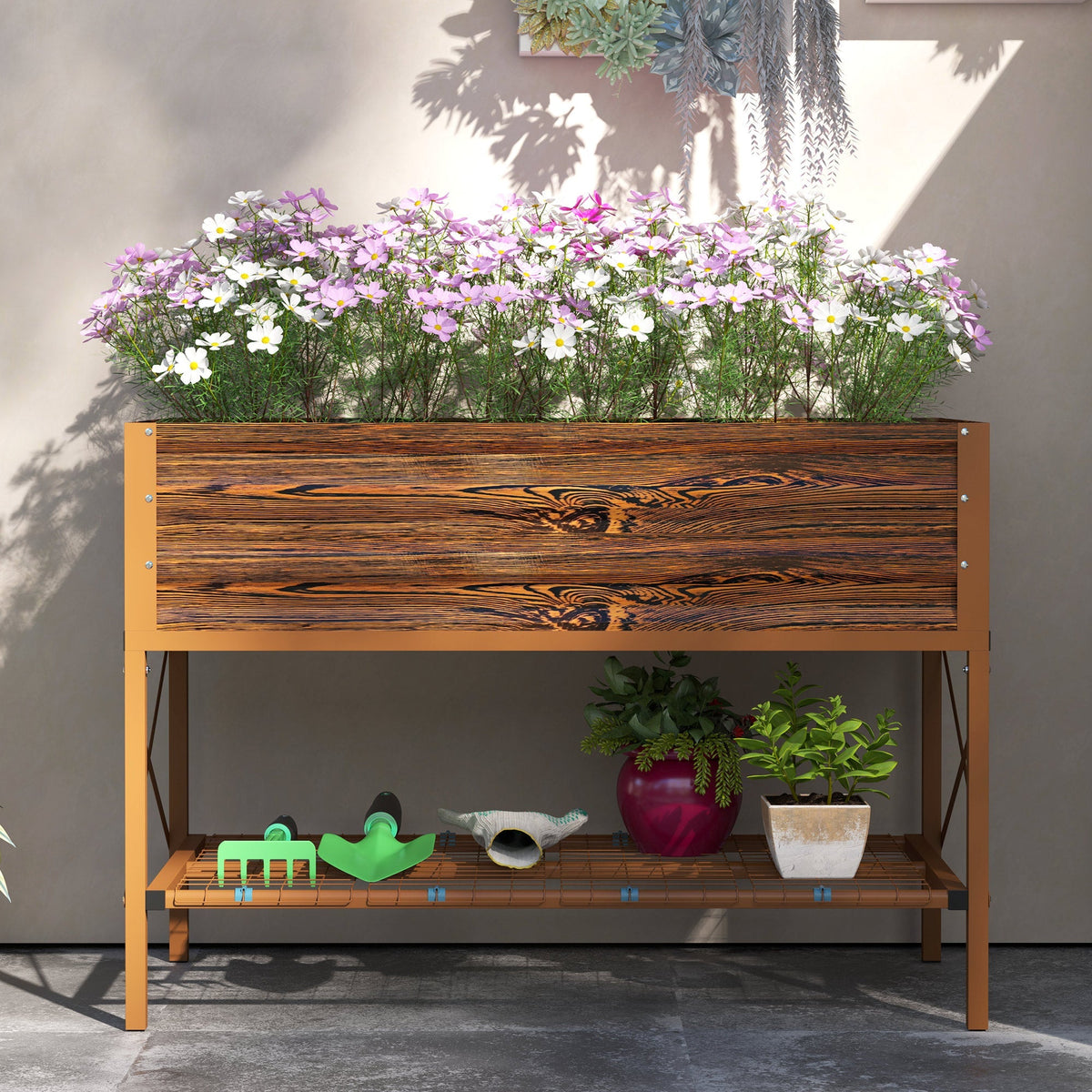 Galvanized Steel Raised Garden Bed, Planter Box with Storage Shelf & Bed Liner, Brown