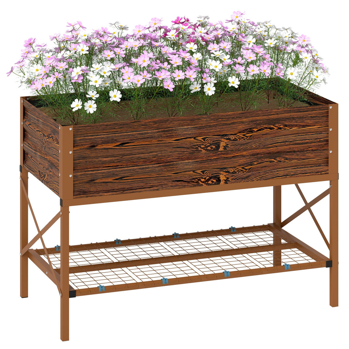 Galvanized Steel Raised Garden Bed, Planter Box with Storage Shelf & Bed Liner, Brown
