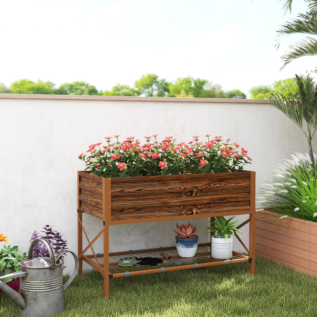 Galvanized Steel Raised Garden Bed, Planter Box with Storage Shelf & Bed Liner, Brown