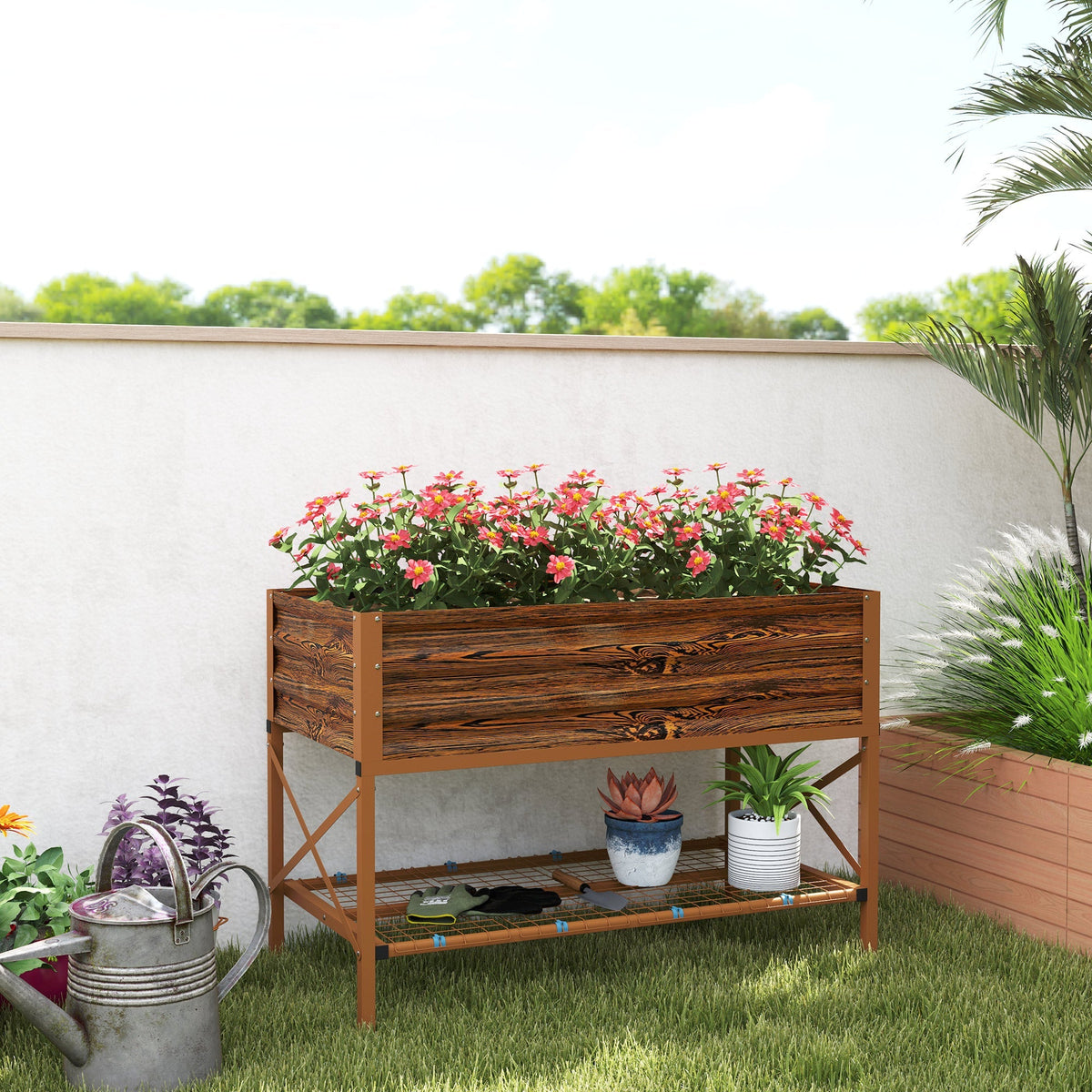 Galvanized Steel Raised Garden Bed, Planter Box with Storage Shelf & Bed Liner, Brown