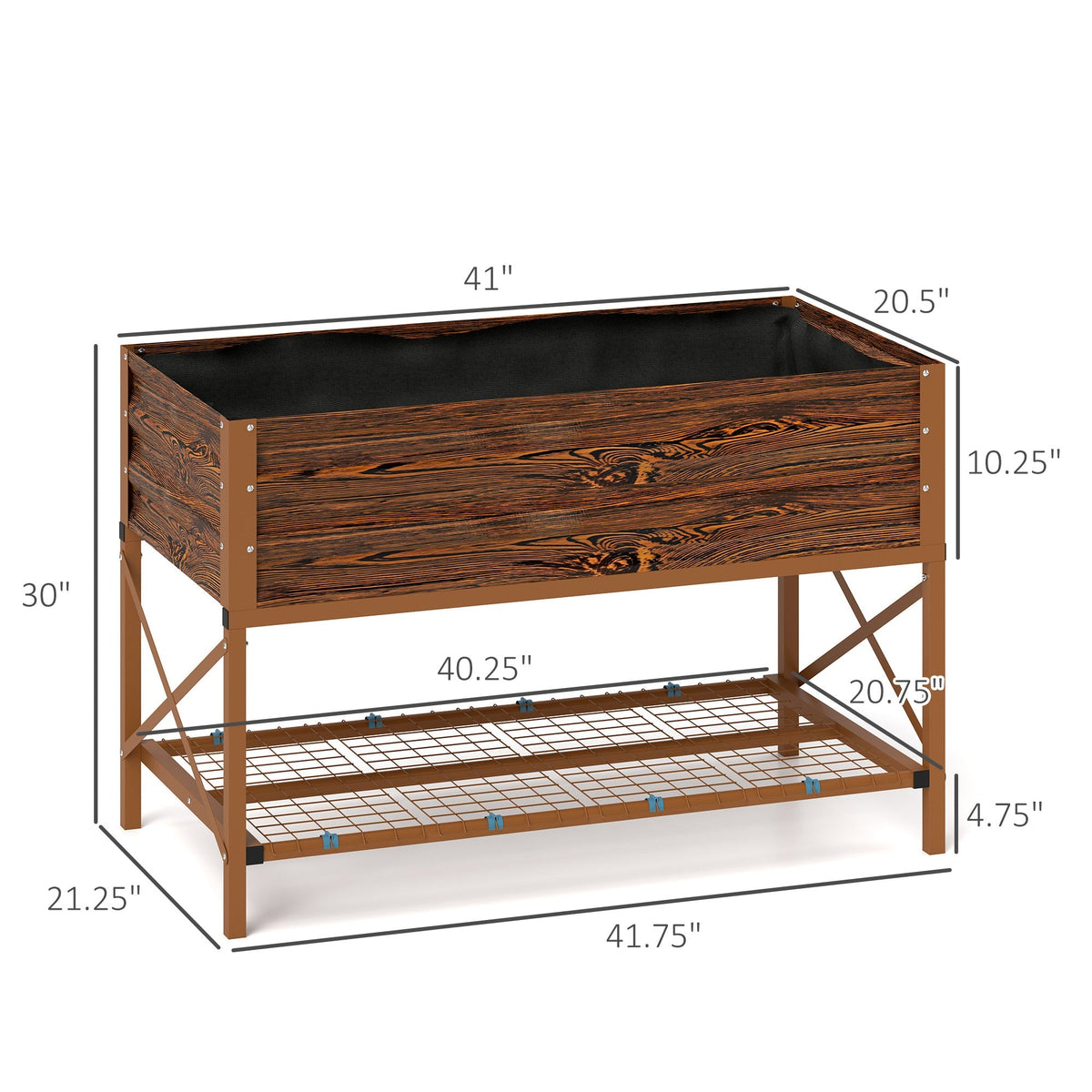 Galvanized Steel Raised Garden Bed, Planter Box with Storage Shelf & Bed Liner, Brown
