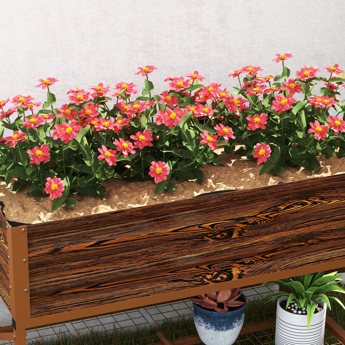 Galvanized Steel Raised Garden Bed, Planter Box with Storage Shelf & Bed Liner, Brown
