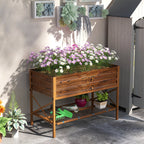 Galvanized Steel Raised Garden Bed, Planter Box with Storage Shelf & Bed Liner, Brown