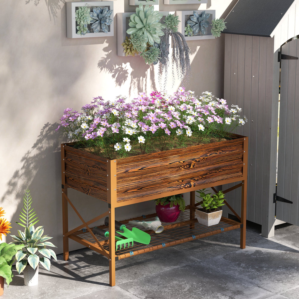 Galvanized Steel Raised Garden Bed, Planter Box with Storage Shelf & Bed Liner, Brown