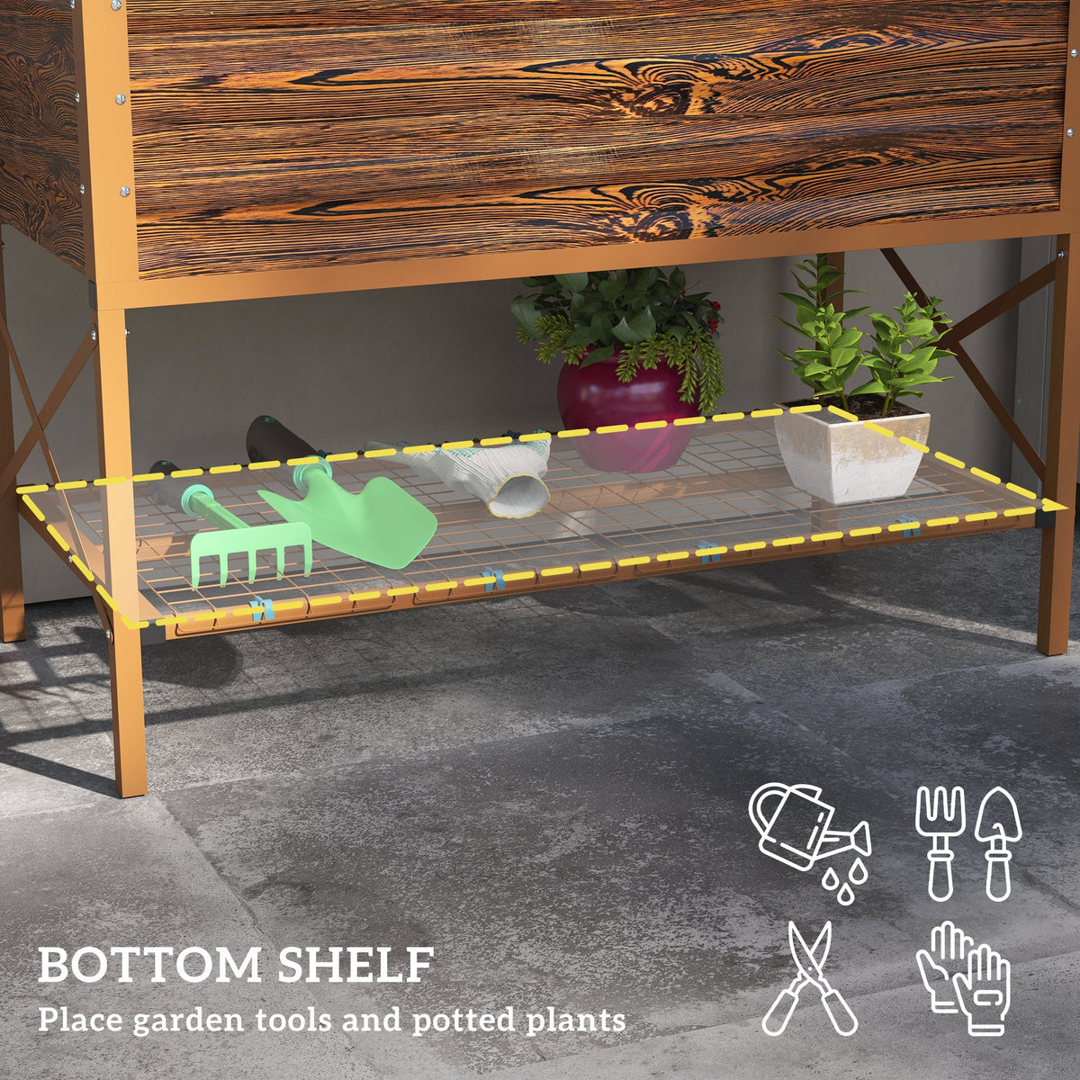 Galvanized Steel Raised Garden Bed, Planter Box with Storage Shelf & Bed Liner, Brown
