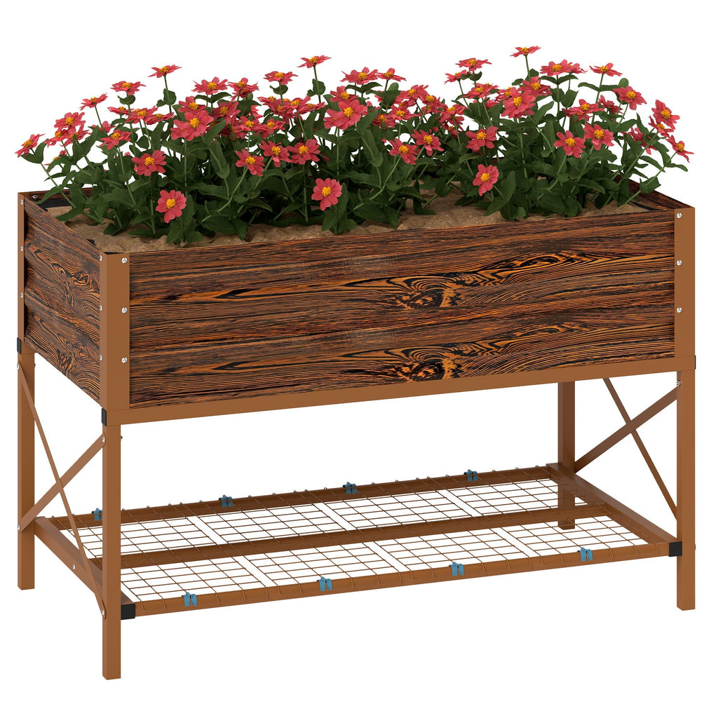 Galvanized Steel Raised Garden Bed, Planter Box with Storage Shelf & Bed Liner, Brown