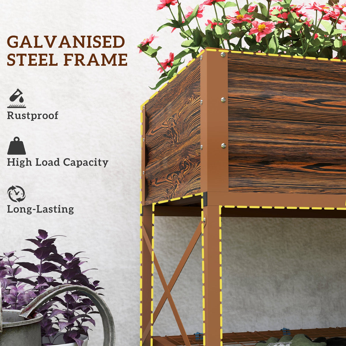 Galvanized Steel Raised Garden Bed, Planter Box with Storage Shelf & Bed Liner, Brown