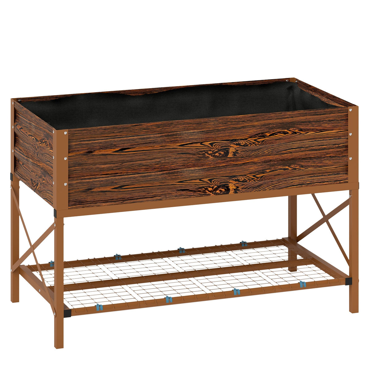 Galvanized Steel Raised Garden Bed, Planter Box with Storage Shelf & Bed Liner, Brown