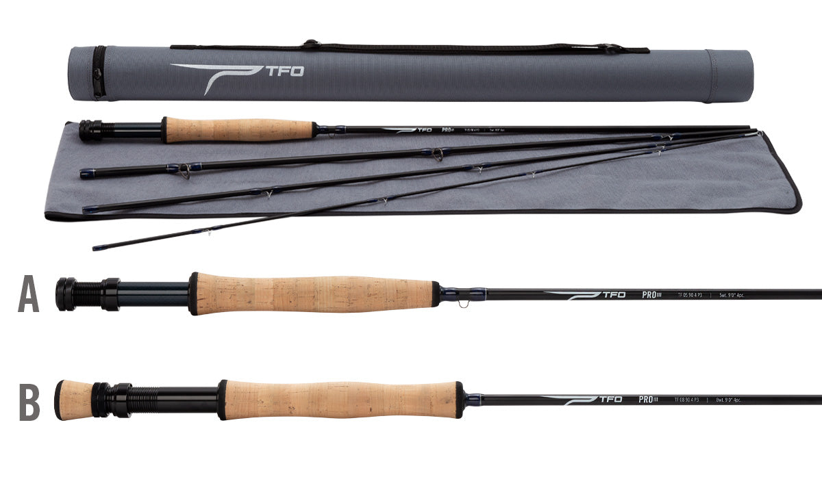 TFO Pro III Fly Rod fishing rod with cork handle, black reel seat, segmented blank, and protective grey carrying case, ideal for fly fishing tackle enthusiasts.