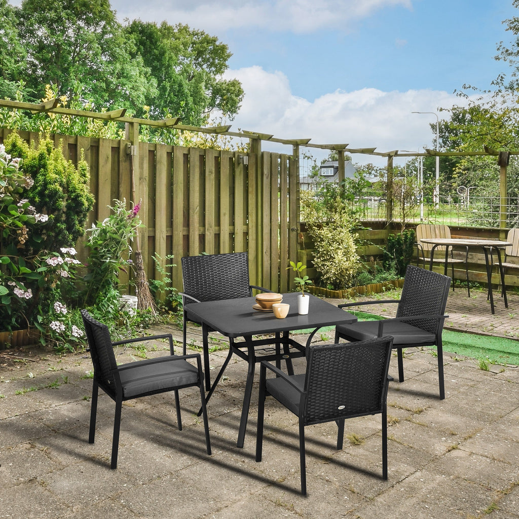 4 Seater Rattan Dining Set with Cushions, Umbrella Hole & Metal Tabletop, Black