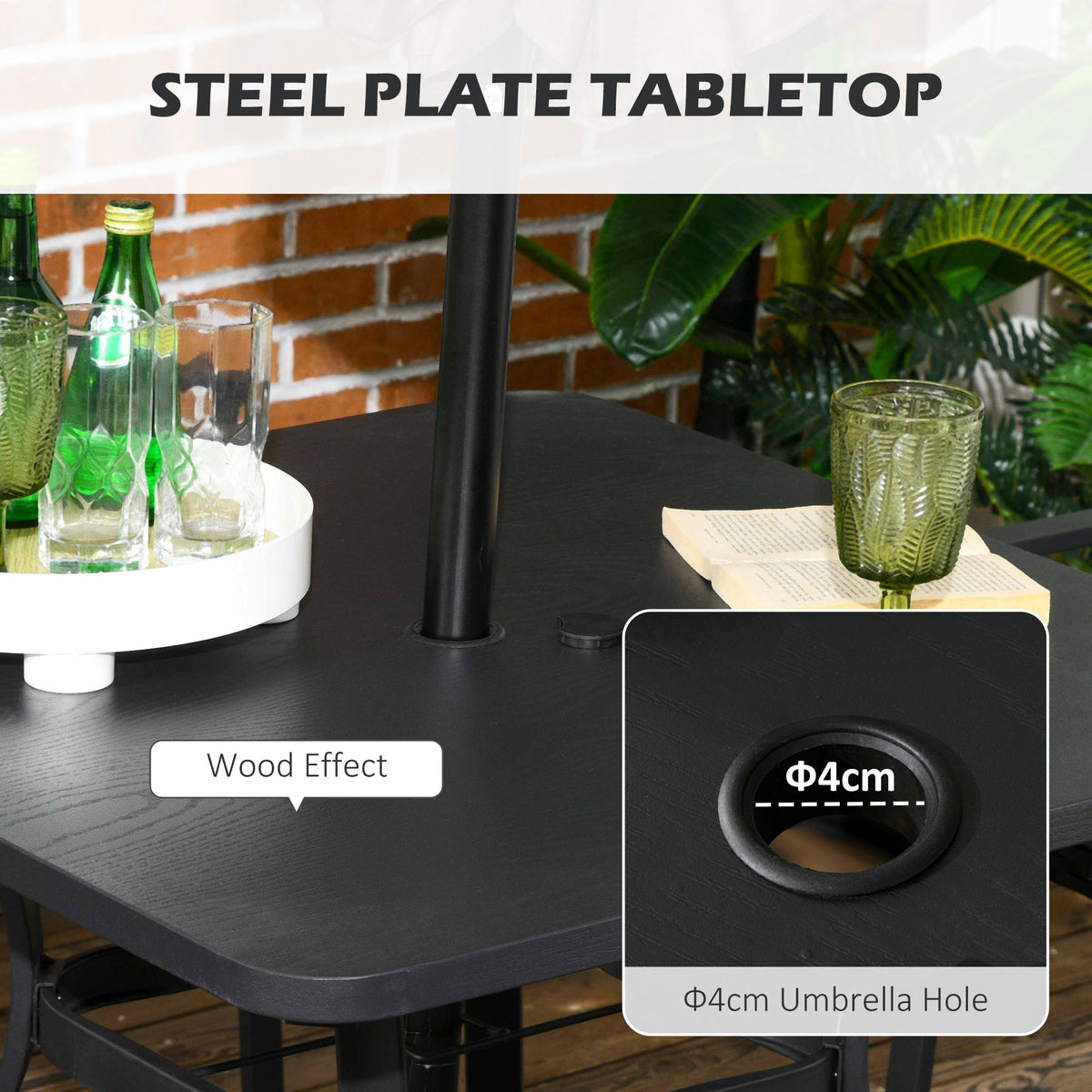 4 Seater Rattan Dining Set with Cushions, Umbrella Hole & Metal Tabletop, Black