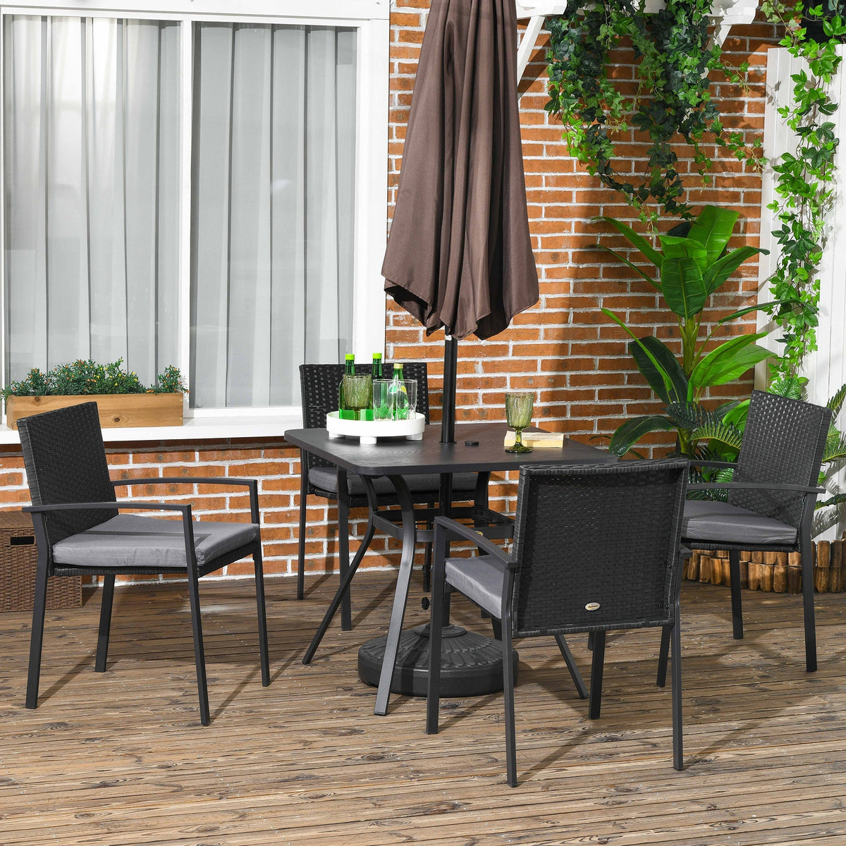 4 Seater Rattan Dining Set with Cushions, Umbrella Hole & Metal Tabletop, Black