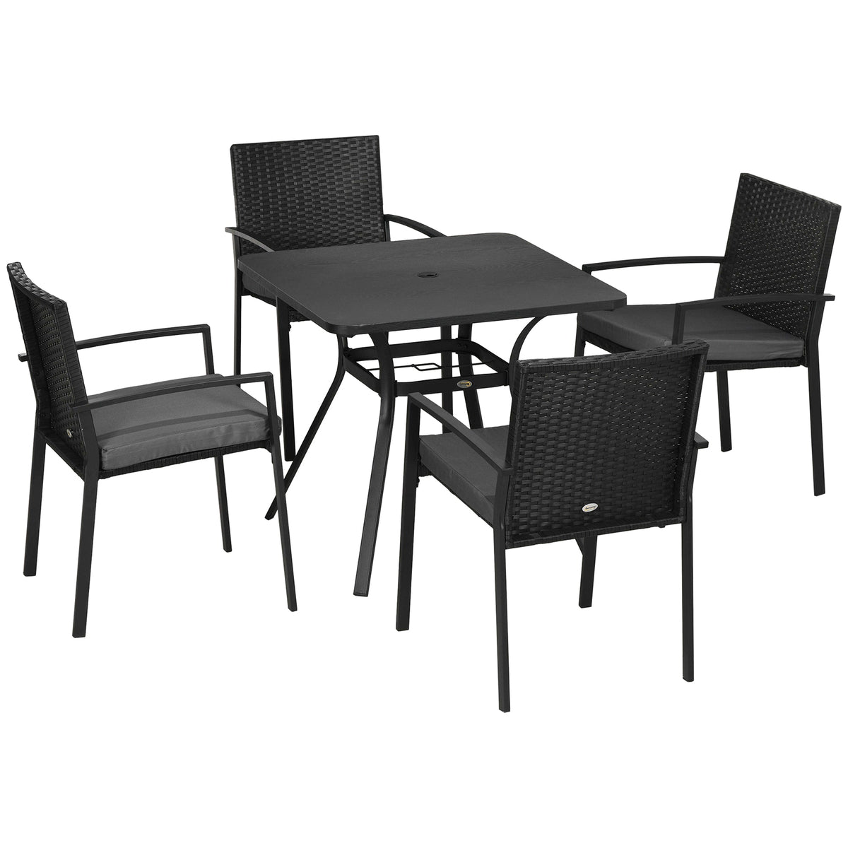 4 Seater Rattan Dining Set with Cushions, Umbrella Hole & Metal Tabletop, Black